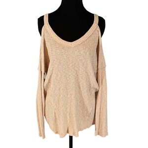 Cherish Beige Ribbed Cold Shoulder V-Neck Long Sleeve Top Size L Boho Neutral